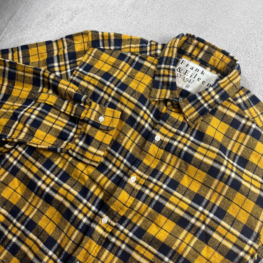 Frank & Eileen Finbar Mens Yellow Navy Blue Plaid Flannel Button Down Shirt M